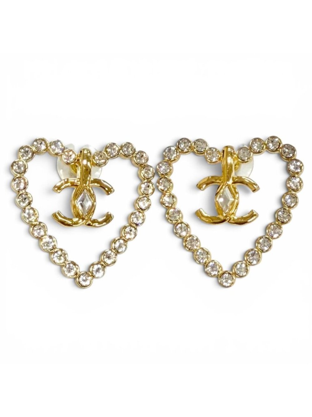 Chanel CC Logo Heart Crystal Rhinestone Earrings for Both Ears Gold